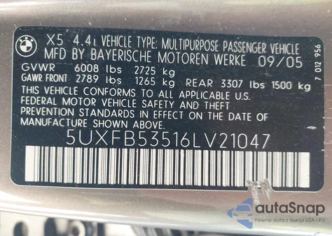 2006 BMW X5 4.4I from USA, damaged, VIN 5UXFB53516LV21047